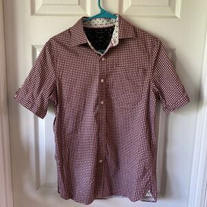 Tahari Blouse Top Women’s Size Small Stretch Button Up Burgundy Checks Polka Dot
